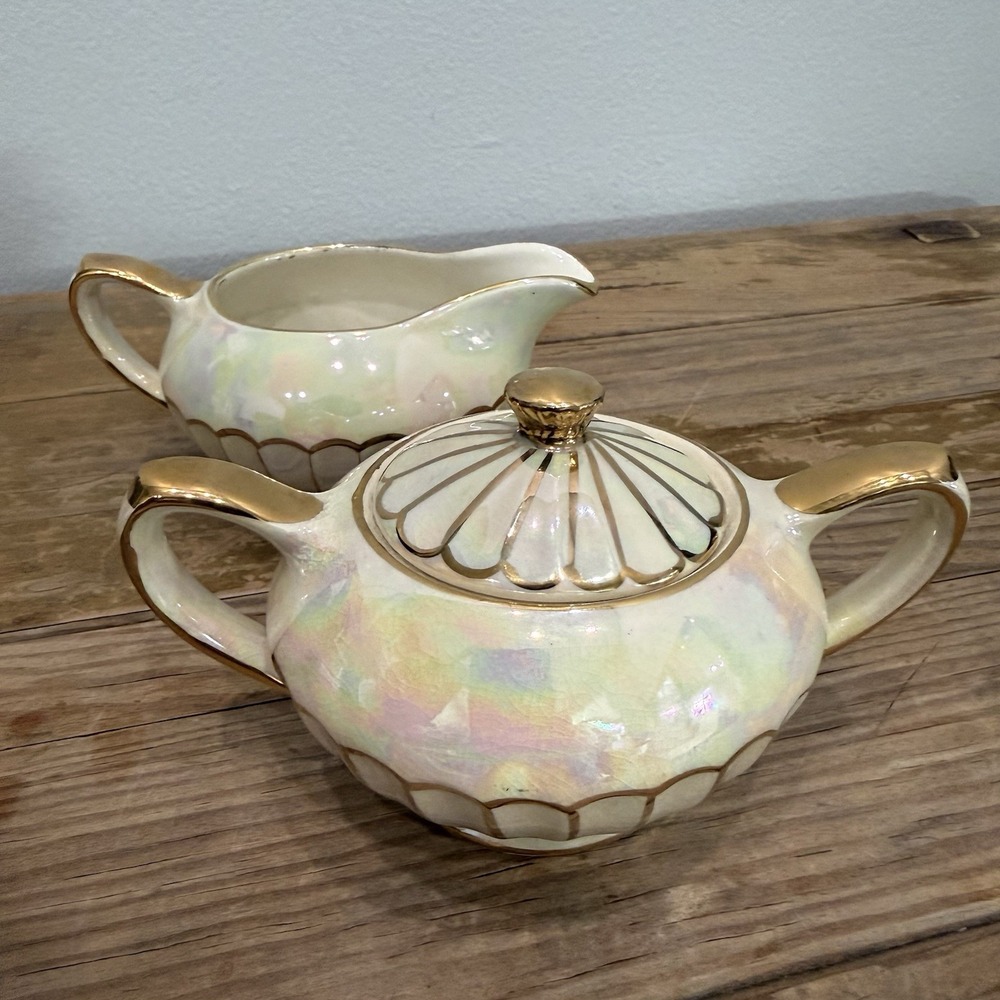 Vintage Sadler 2357 Pearl Lustre Creamer and Sugar Bowl Set Gold Trim Art Deco
